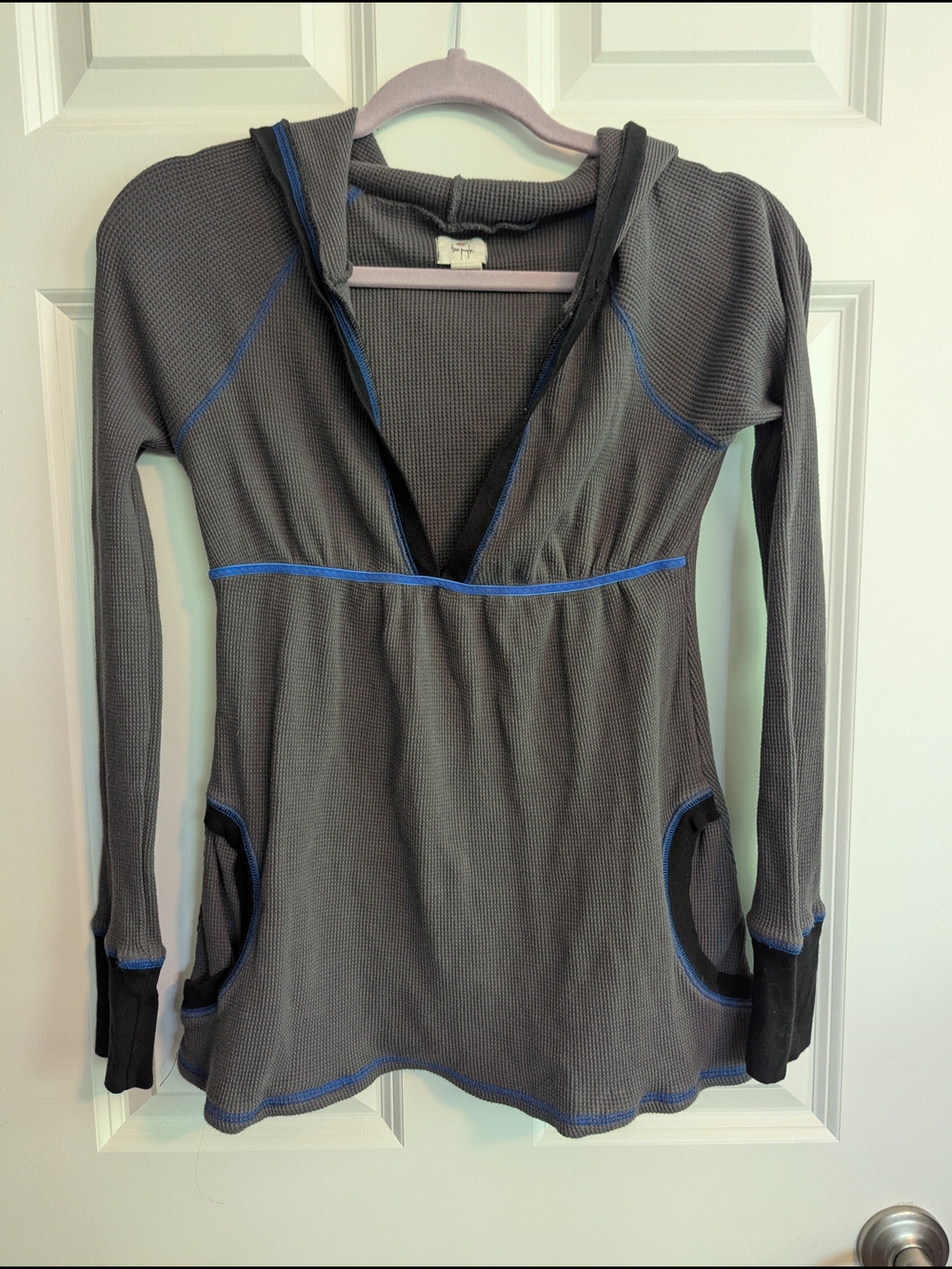 Free People Gray Hooded Waffle Tunic with Blue Trim